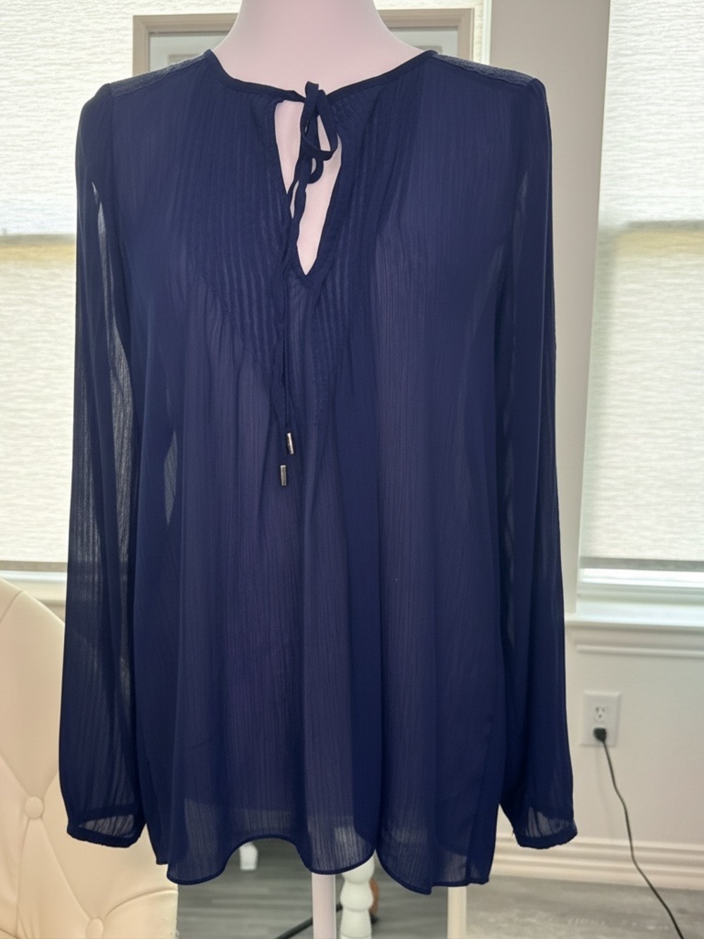 White House Black Market Navy Sheer Tie-Front Long-Sleeve Tunic